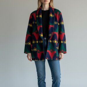 Vintage 1980s Western Rodeo Cowgirl Fleece Oversized Jacket Blazer Made USA Sz L